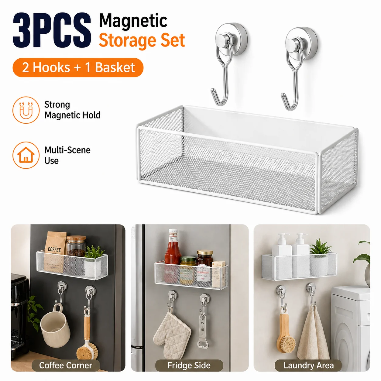 3pcs Magnetic Storage Basket Set with 1 Mesh Organizer And 2 Hooks Refrigerator Side Shelf for Kitchen Coffee Organizatio
