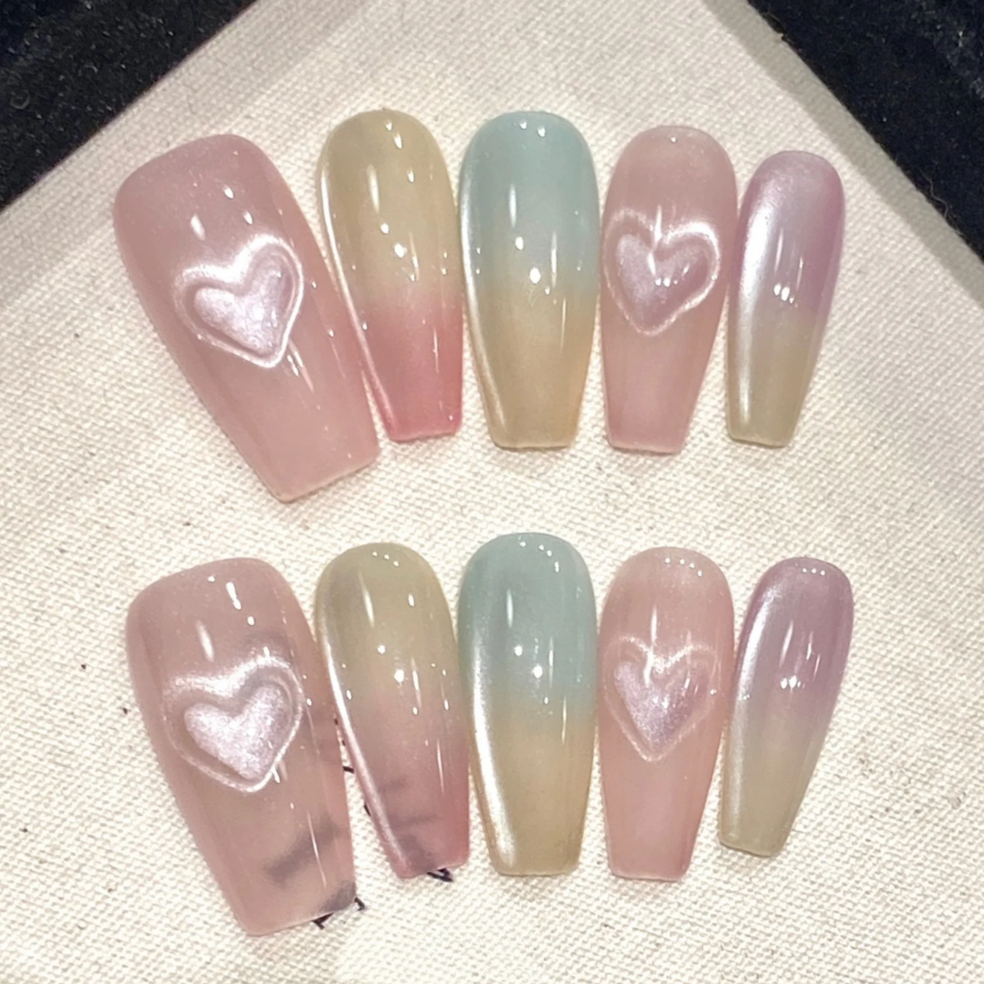 

10pcs Wearable Colorful Handmade False Nails Aurora Mid-length Ballet Full Cover Nail Tip Simple Love Design Press on Fake Nails
