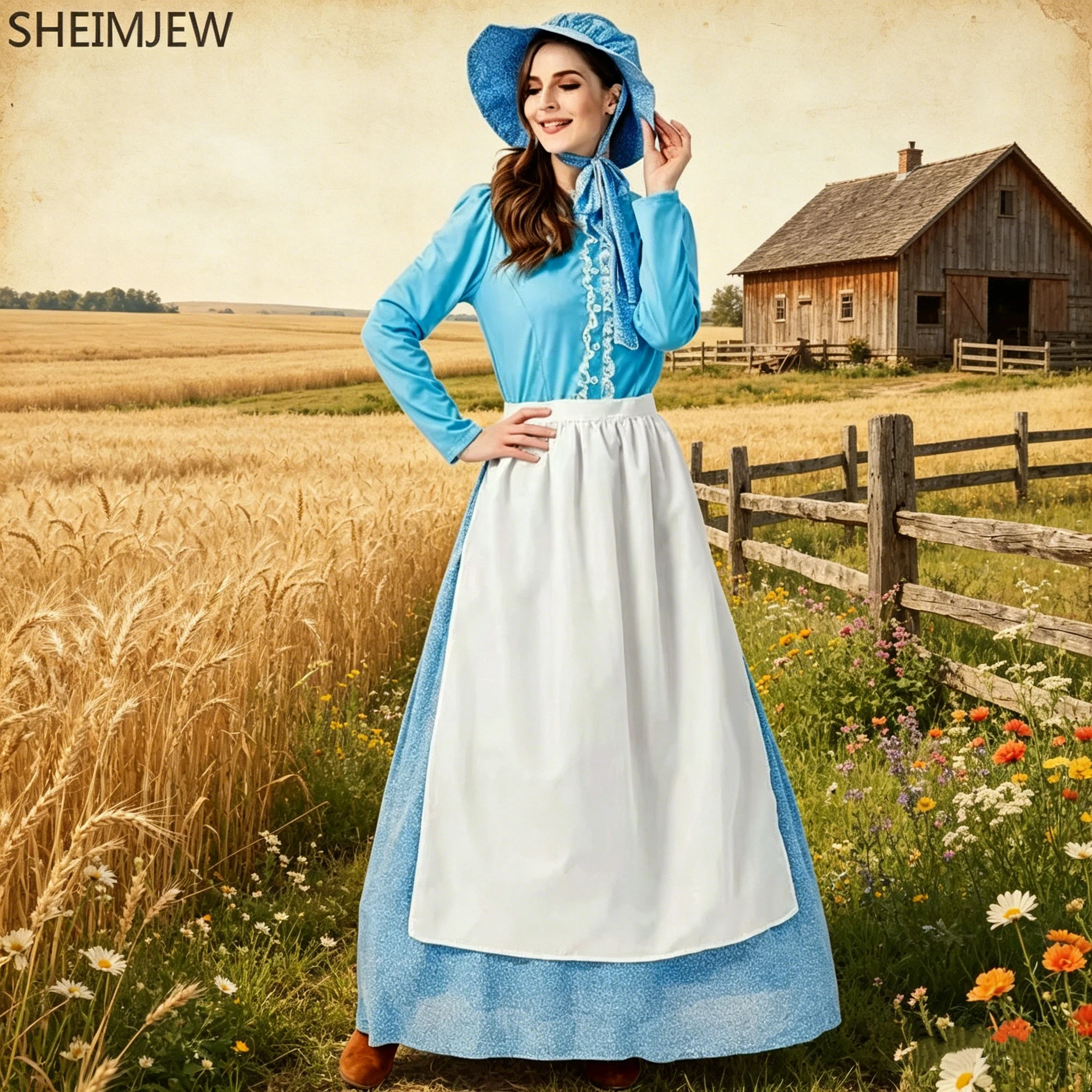 

New France Rural Blue Farm Maid Cosplay Costume Women's Civil War Prairie Colonial Dress Halloween Carnival Party Stage Costumes