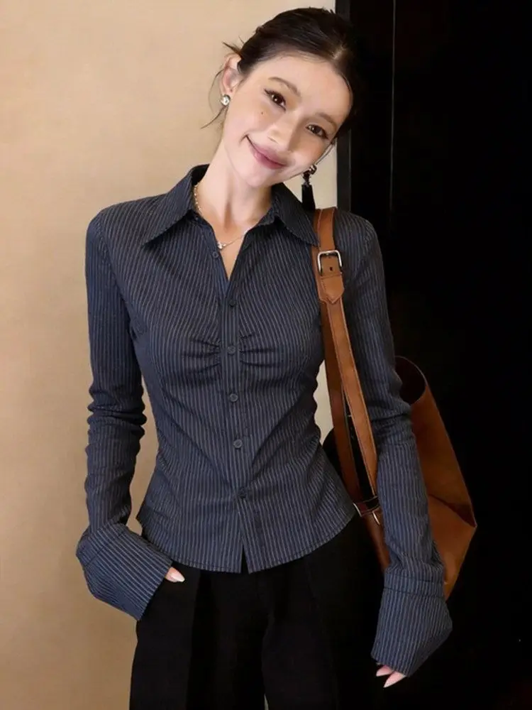 Navy Blue Striped Long Sleeve Blouse Women 2026 Spring Korean Style Elegant Chic Office Casual Fashion Shirt Top