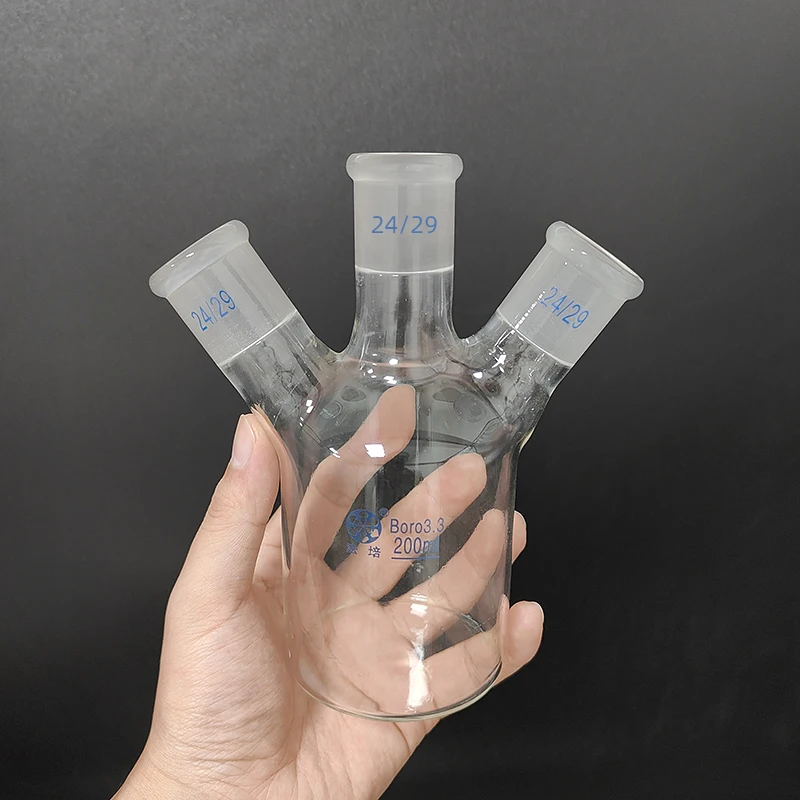 FAPEI Single-deck cylindrical three-necked flat-bottom flask 200mL,Main 24/29,Side 24/29,Single-deck cylindrical reactor bottle