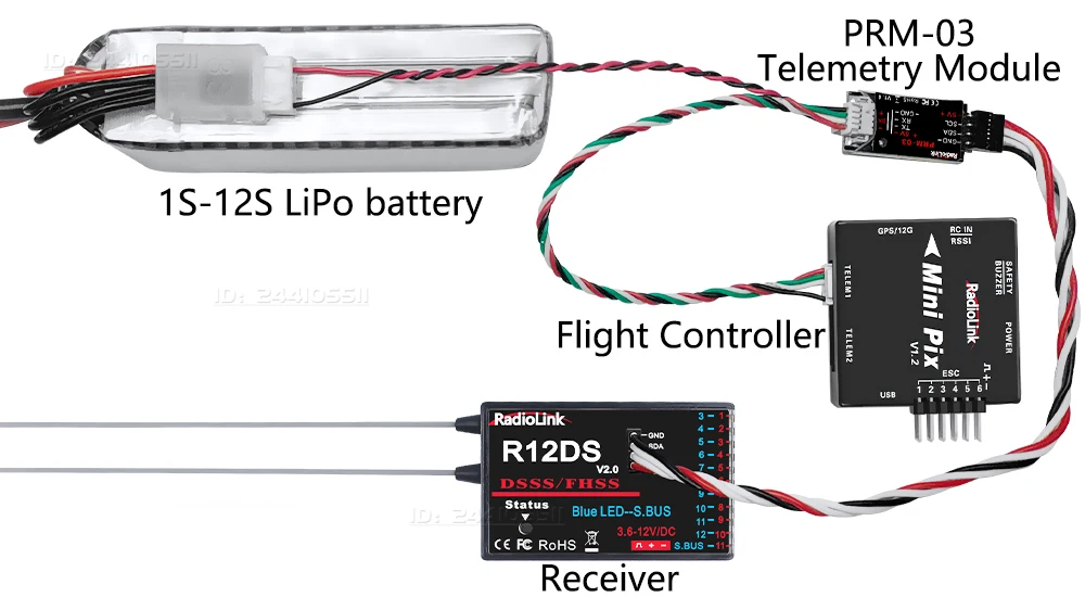 Radiolink R12DS 12-kanałowy odbiornik 2.4G 4000 metrów telemetria w czasie rzeczywistym 3.6-12V do samolotów RC, łodzi, robotów, multikopterów, szybowców