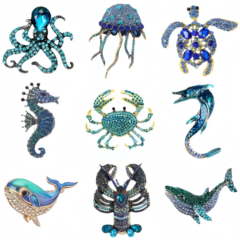 Essh&Pule  Ocean Sea Animal Brooch Pin Vintage Enamel Crystal Rhinestone Women Vacation Fashion Jewelry Gift Lapel Pin