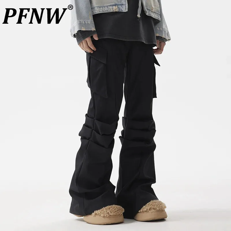 PFNW Niche Knee Pleated Wide Leg Slightly Flared Cargo Pants Male American Loose Commuting Casual Men Chic Trousers New 28W4475