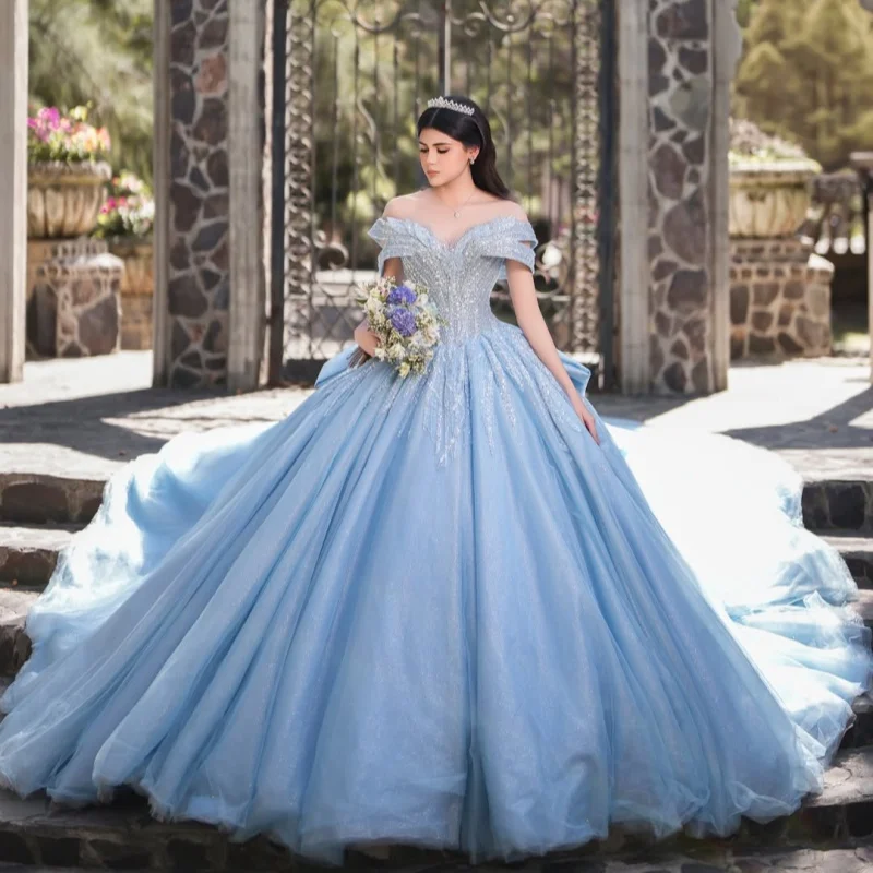 

Light Blue Quinceanera Dress off-shoulder Glitter Crystal Decal Lace Long tail Big Bow vestidos de 15 Quinceanera ﻿Customize