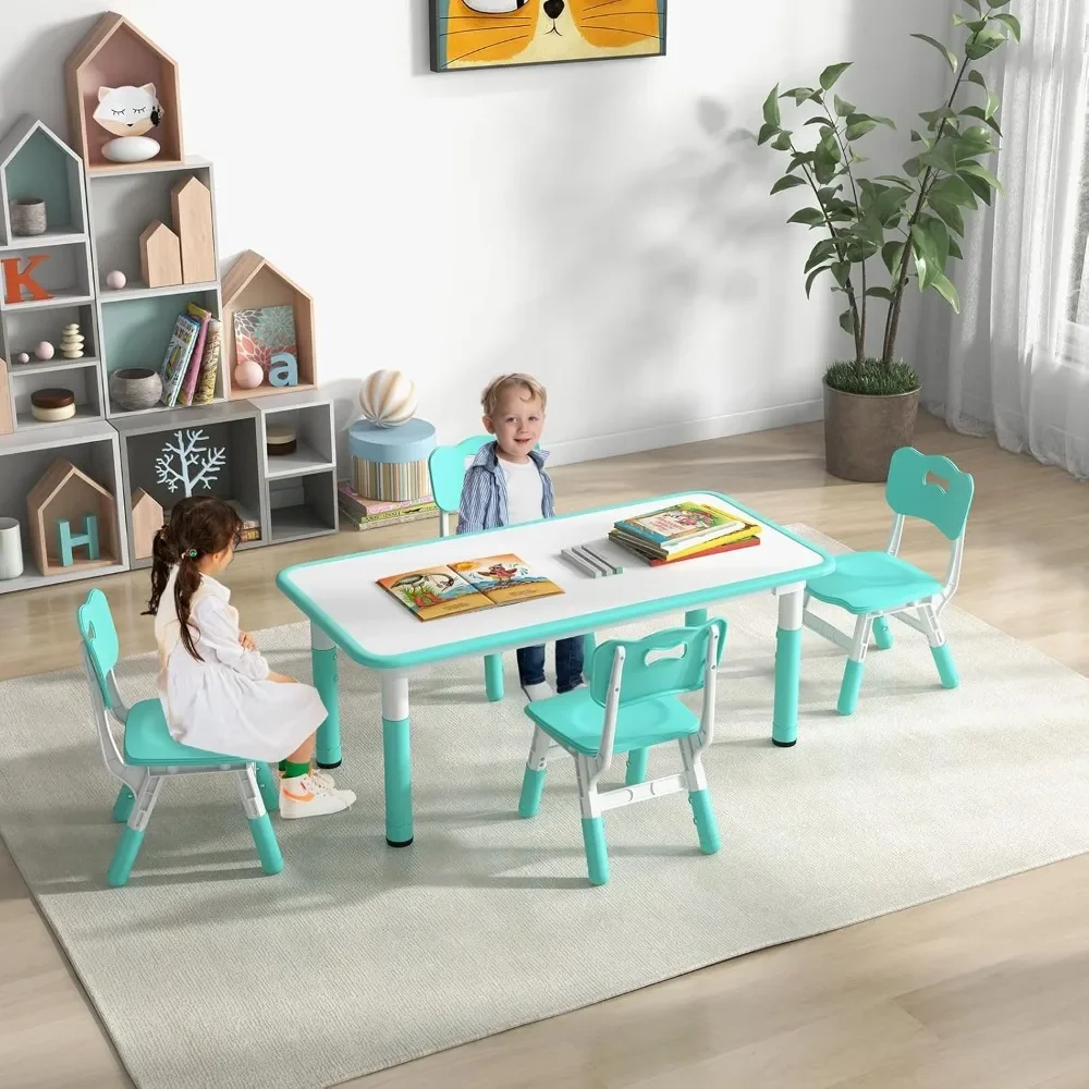 Kids Table and Chair Set, Height Adjustable Children Activity Table and 4 Chairs Set w/Erasable Graffiti Desktop