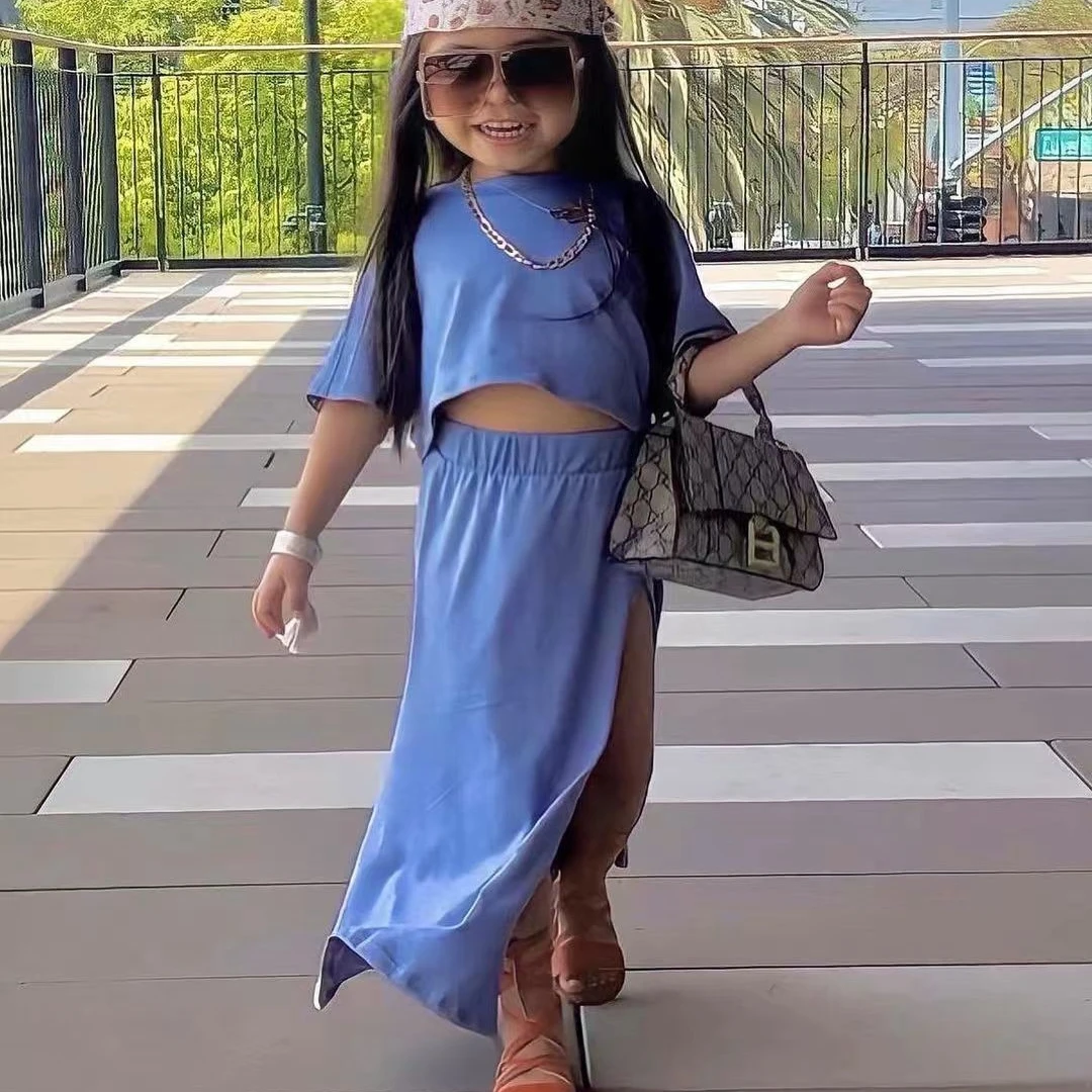 

New 2024 Summer Girls Clothes Sets Kids Solid Short Sleeve O-neck T-shirt + Split Skirt Chldren Casual Clothing For 2-7 Years
