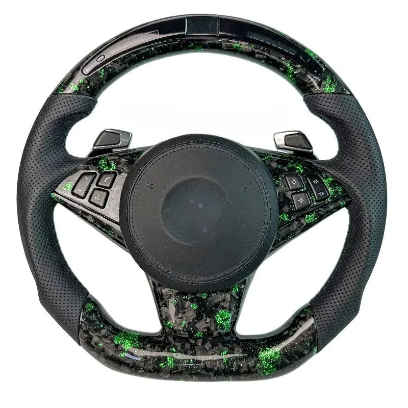 For B E60 Green Forged Carbon Fiber with LED Paddle Sport Leather Car Steering Wheel for E92 E90 E91 E71 E46 E60 E81 E84