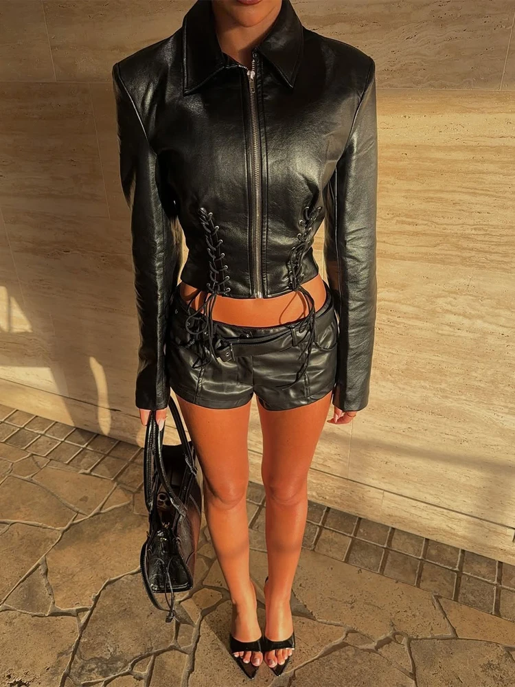 

Women’s Black Leather 2 Piece Set Chic Lace Up Cropped Jacket & High Waist Shorts Suits Lady Summer New Commute Street Outerwear
