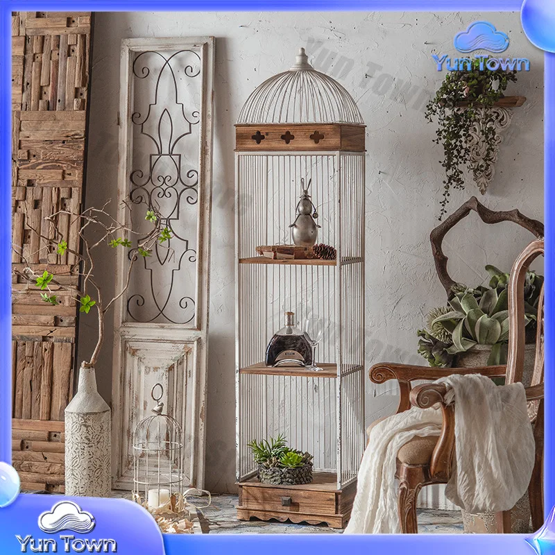 Vintage American Style Bird Cage Shelf for Living Room Display Stand Iron Multi Tier Bookshelf Floor Standing Decorative Rack