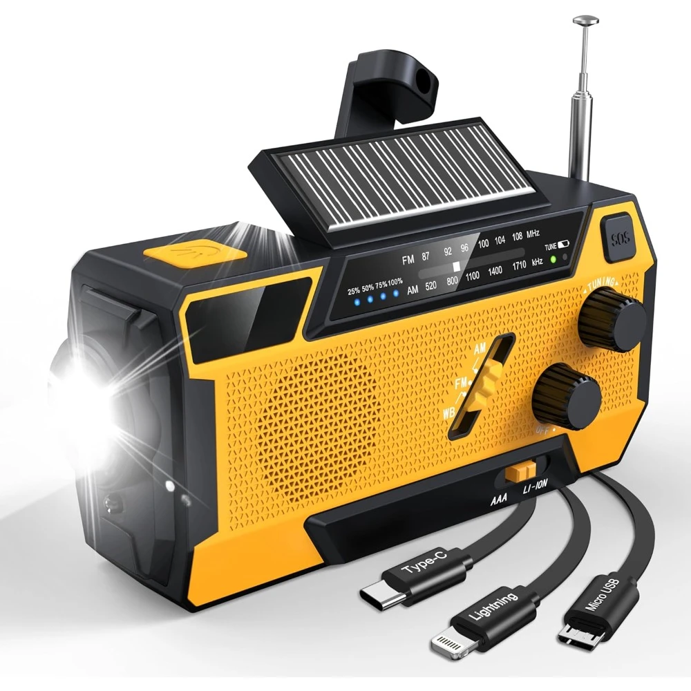 Emergency Crank Weather Radio, AM/FM/NOAA, 2000mAh, Solar, Hand Crank, SOS, Flashlight for Outdoor Emergencies