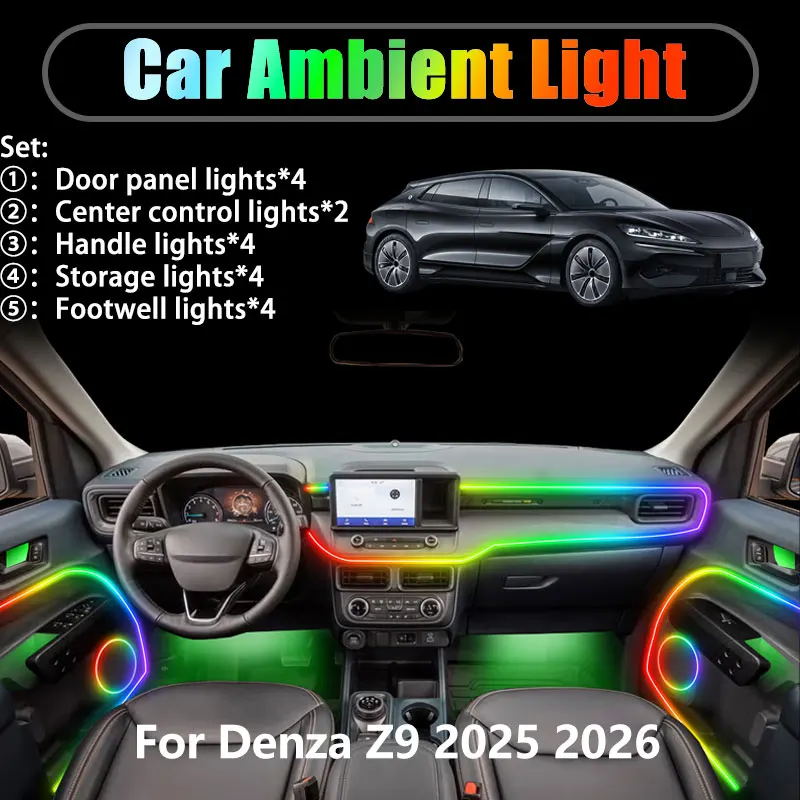 

Для Denza Z9 2025 2026 2/18 в 1, автомобильное окружающее освещение, светодиодные внутренние светодиодные фонари багажника, USB RGB, ансамбль, стример, аксессуары, авто
