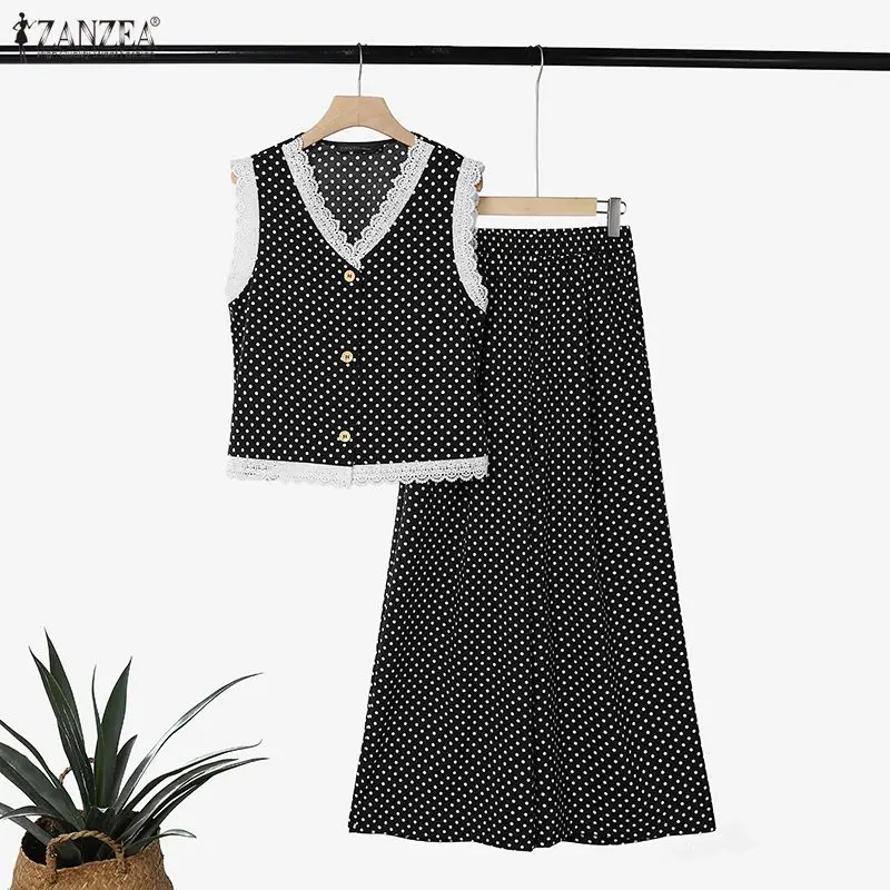 Women Summer Polka Dot Pant Sets Lace Trim V-Neck Sleeveless Top & Wide Leg Pants 2-Piece Sets ZANZEA Casual Streetwear Co-ords - view 2