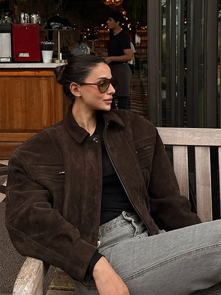 معاطف فضفاضة ذات طية صدر السترة للسيدات 2025 ملابس خارجية للصيف والخريف سترات نسائية عالية الشارع بسحابات موضة نسائية بأكمام كاملة متينة #3