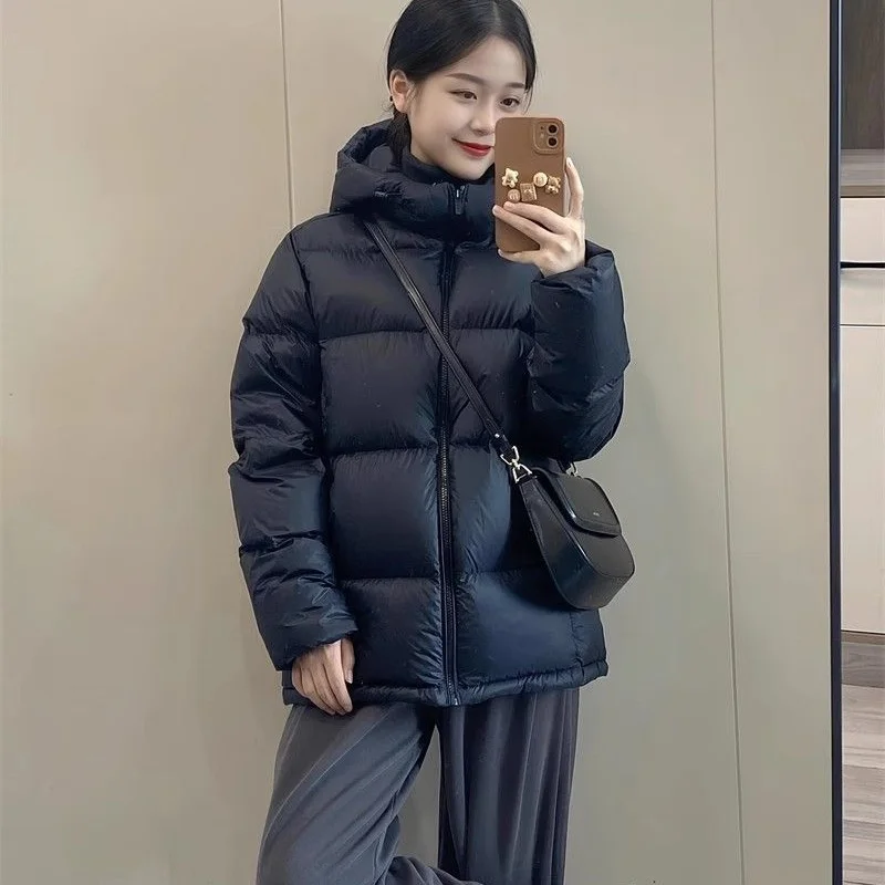 Women Black Cropped Minimalist Coat Girls Winter Thick Casual Student‑Style Daily Loose Padded Outerwear Jacket