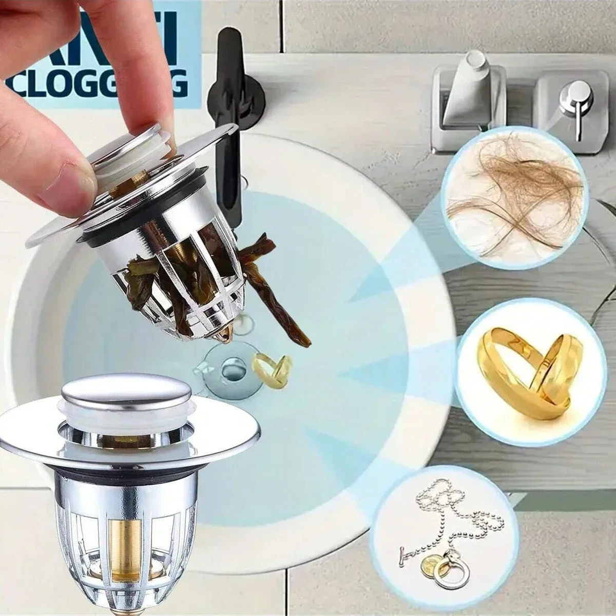 

1/2/5pcs Universal Rebound Drain Plug Filter Basin Pop-up Chrome Sink Filter with Hair Catcher Bathroom Sink Drain Stopper