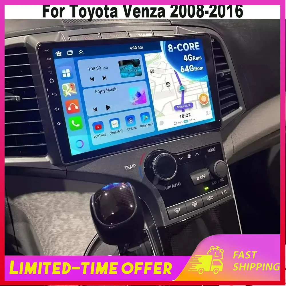 

9-дюймовая автомобильная GPS-магнитола Android 15 с Wi-Fi, Carplay и Android Auto, 4+64 ГБ, для Toyota Venza 2008-2016, мультимедийный видеоплеер