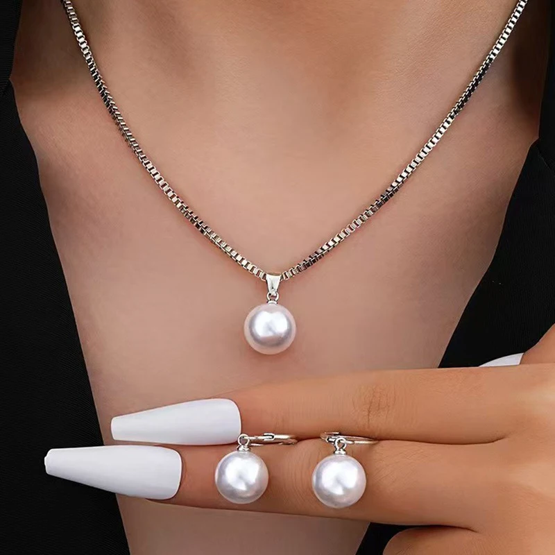 Pearl Jewelry Set - Round Earrings and Pendant Necklace, Ladies Wedding Jewelry Set Gift