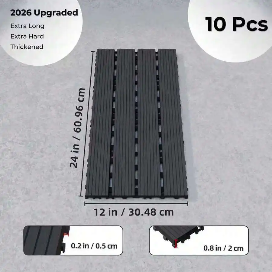 10/20-Piece Modular Plastic Decking Tiles, 12x24 Inch Interlocking Tiles, DIY Snap-Together Flooring System; Suitable For Patios