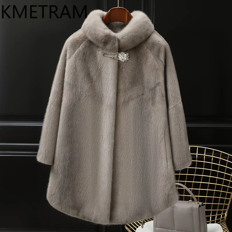 Manteau en fourrure de vison véritable pour femme, veste en fourrure blanche mi-longue, vêtements d'hiver de luxe, vêtements d'extérieur Chester, mode tendance, nouveau, 2024