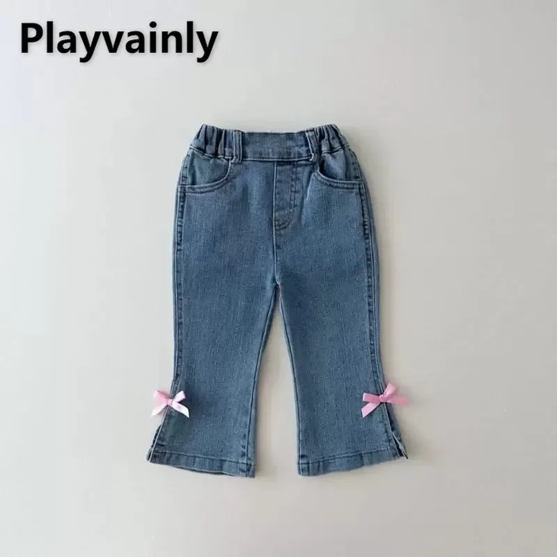 

Korean Style Spring Autumn Children's Girls Jeans Elastic Waist Denim Bell Bottom Solid Color Pants Cowboy Bow Trouser H4217