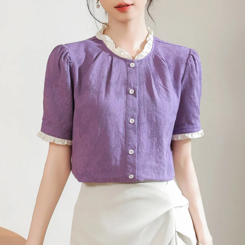 Women Clothing French Fashion Ruffled Short Sleeve Shirts Summer Elegant Purple Floral Embroidery Blouses Office Lady Chic Tops