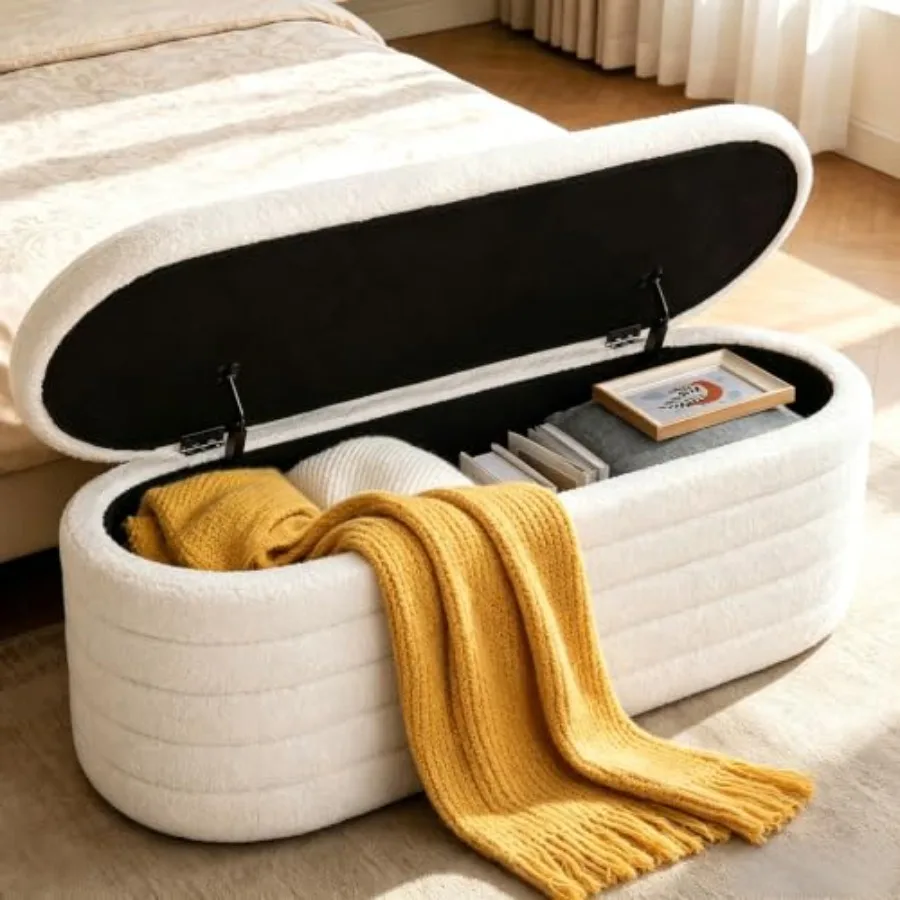 Sherpa fabric storage ottoman for living room use, white color, spacious interior compartment for blankets and accessories