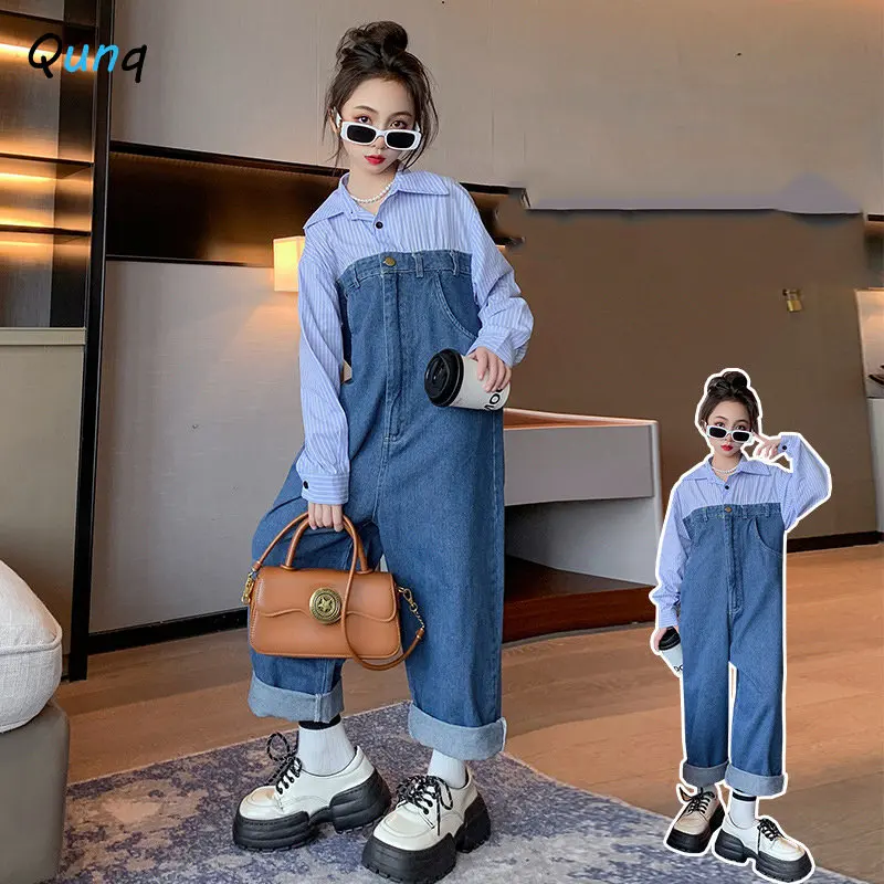 

Qunq 2023 Spring Girls Turn-Down Collar Long Sleeve Cute Shirt Denim Spliced Long Jumpsuit Casual Kids Clothes Age 8 And Older