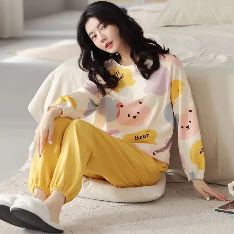 New style pajamas for women, spring and autumn, long-sleeved, Korean style, loose round neck, can be worn outside, home wear set