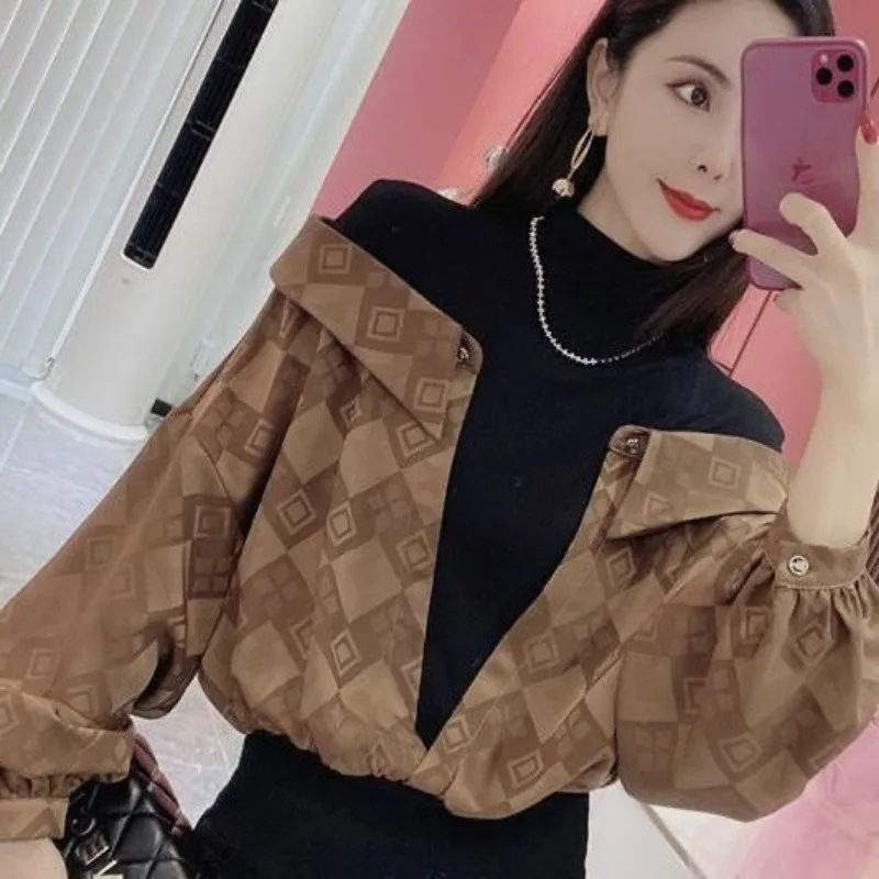 Vintage Blouse Women Turtleneck Blouse Patchwork Shirts Korean Chic Long Sleeve Pullover Spring Autumn Ladies Tops Coats New