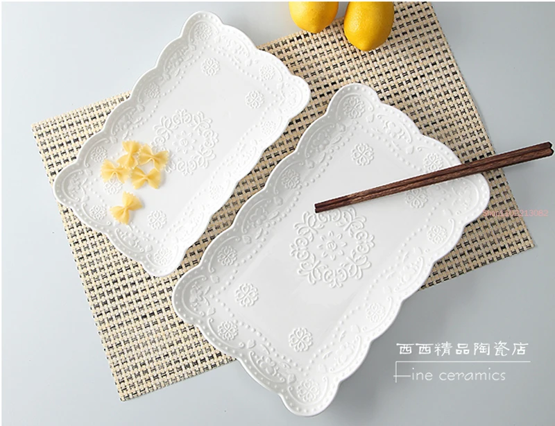 10inch, White Embossed Porcelain Vintage Plate for Buffet Serving, Ceramic Japanese Plates Sushi, Dinnerware for Sushi, Square