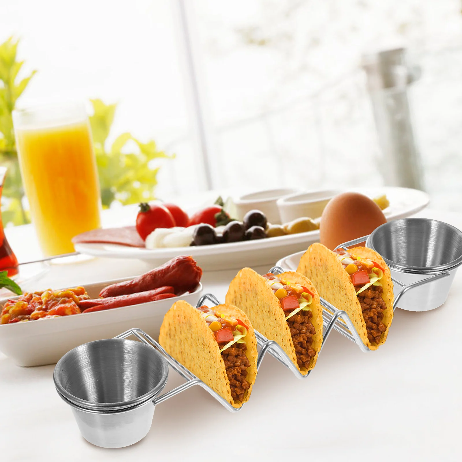 

1 set Stainless Steel Taco Rack Mexican Pancake Stand Sauce Cups Easy Cleaning Taco Display Rack Stand Kitchen