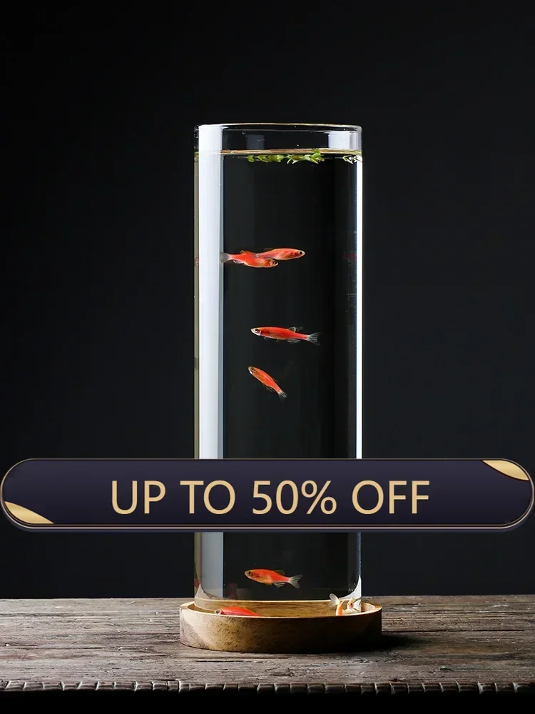 2L Micro Landscape Teahouse Tabletop Fish Tank Viewing Cylindrical Household Mini Miniature Glass Fish Tank