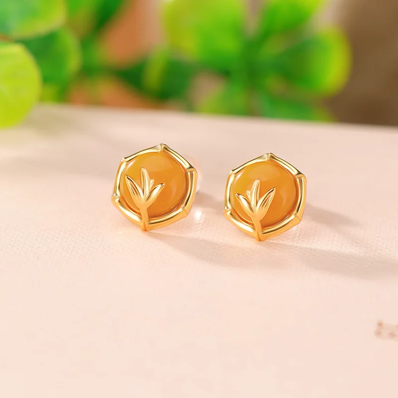 S925 Sterling Silver Gold-Plated Amber Knot Leaf Round National Style Elegant Earrings