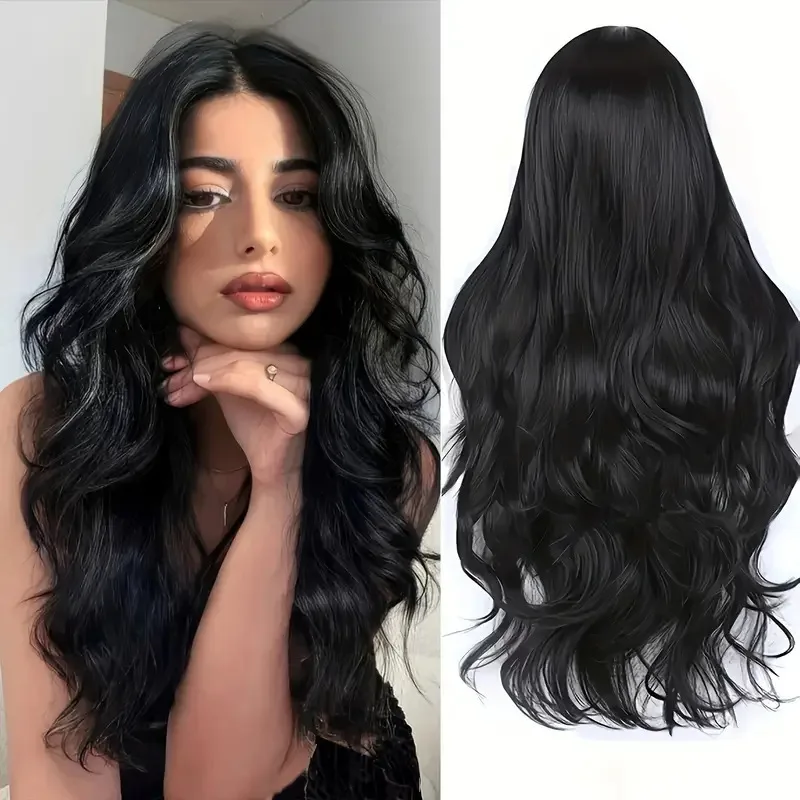 Lolita Black Wig for Women Long Wavy Hair 32inch Curly Wig with Bangs Cosplay Headband Wigs Synthetic Wigs for Daily Use