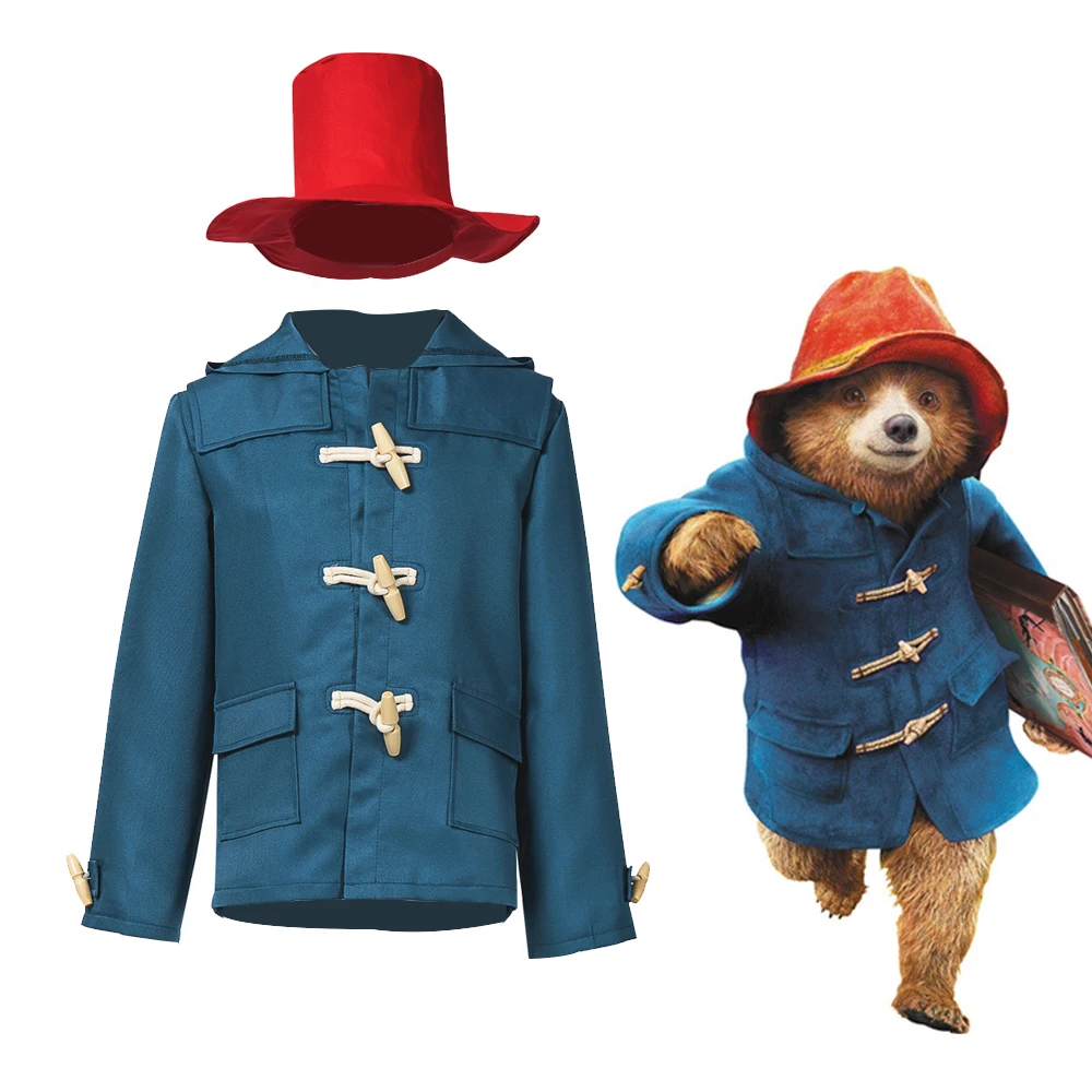 Paddington Bear Cosplay Costume Kids Blue Duffle Coat Red Hat Set Children's Halloween Carnival Book Week Fancy Dress Outfit 