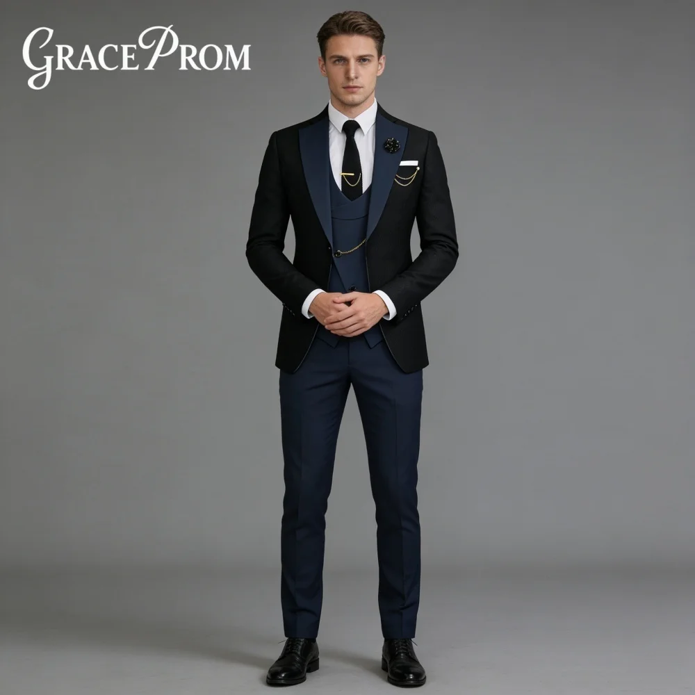 

Luxury Black Navy Blue Peak Lapel Men Wedding Formal Single Breasted Suit Groom Suit Set Includes Jacket Vest Pants Customized