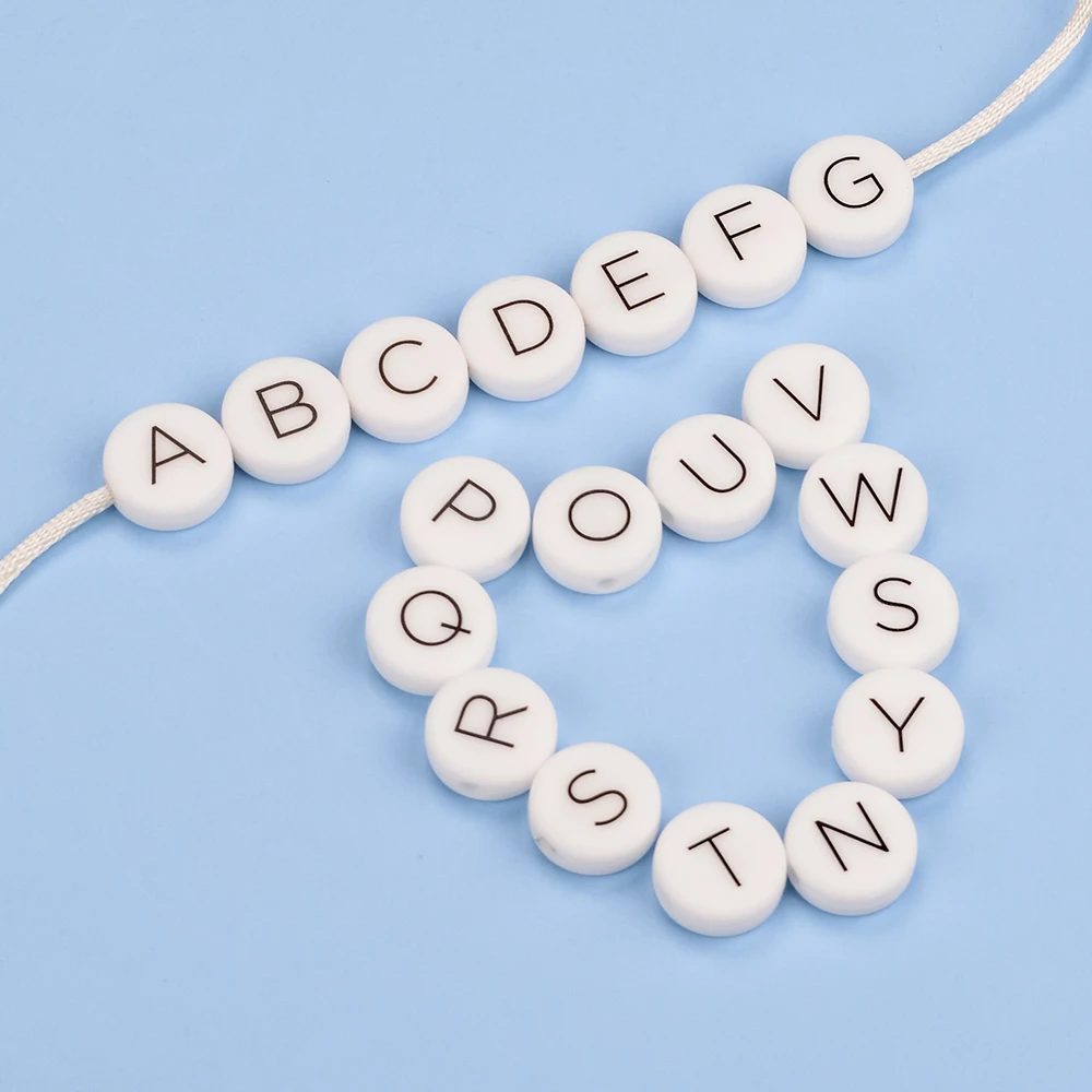 LOFCA 12mm 100PCS Flat Round Silicone Beads Food Grade Letter Teethers Loose Chewing Alphabet For Personalized Name DIY