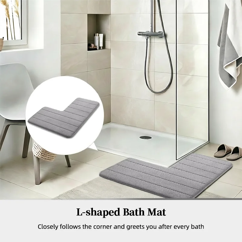 1 Stück L-förmige, rutschfeste und saugfähige Badematte, dicke, schnell trocknende Fußmatte aus Korallenfleece, mit horizontalen Streifen geprägtes Design, geeignet für Hotels, Gästehäuser und den privaten Gebrauch, rutschfester und schmutzabweisender Teppich für den Duschbereich im Badezimmer. – Detail 12