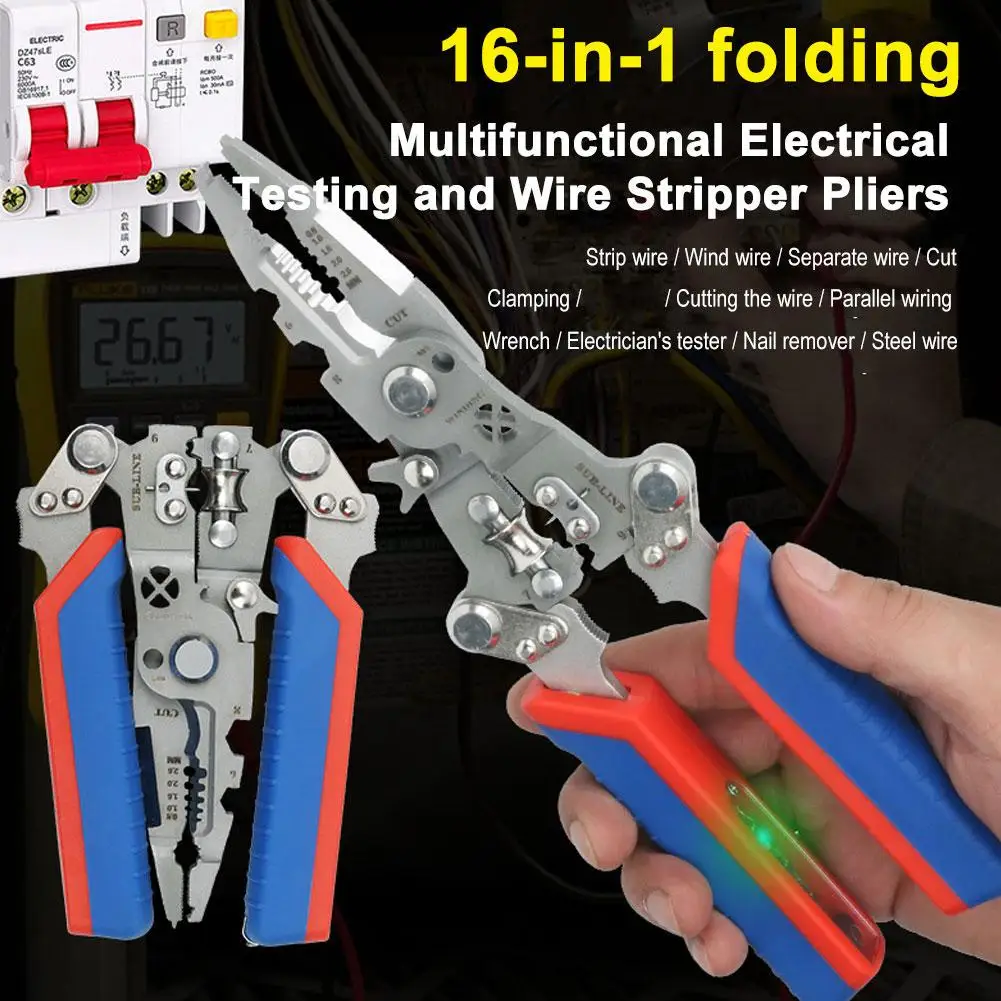16-in-1 Multifunctional Wire Stripper with Electrical Test Pen Foldable Cable Cutter Crimper Tool Electrical Pliers For Cutting