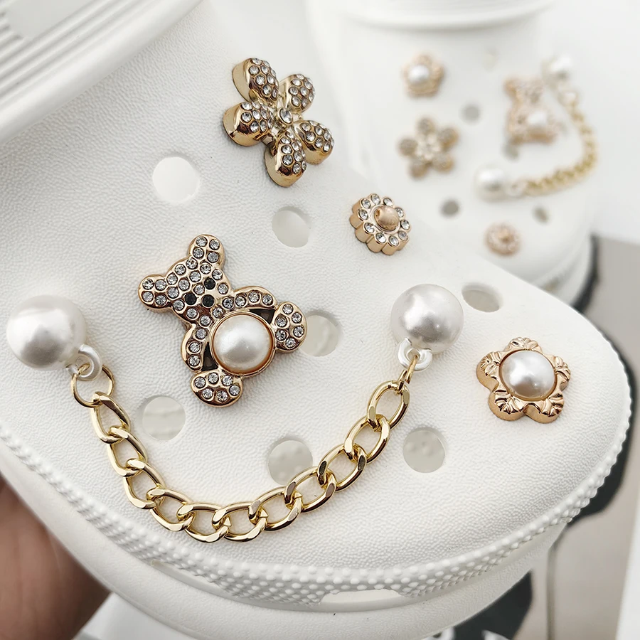 

10 роскошных съемных декоративных булавок для обуви с жемчужной цепочкой в виде медведя, подходят для сандалий, сабо, сумок Borgen, креативный подарок для девочек