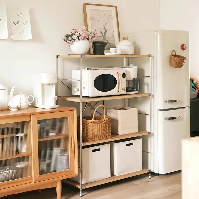Shelf Sundries Wind Floor Multi-layer Log Color Bookshelf Living Room Storage Shelf Dining Side Cabinet Microwave