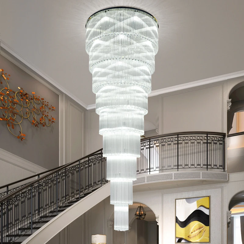 Staircase Crystal Chandeliers Lighting Long Villa Hallway Chain Large Home Decor Stainless Steel Ceiling Chandelier Modern Lamp