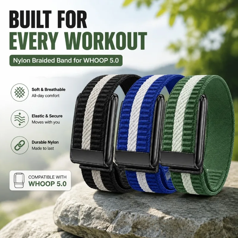 Nylon Braided Sport Watch Strap, Elastic Woven Cross Texture Replacement Band Compatible with Whoop 5.0 Fitness Tracker