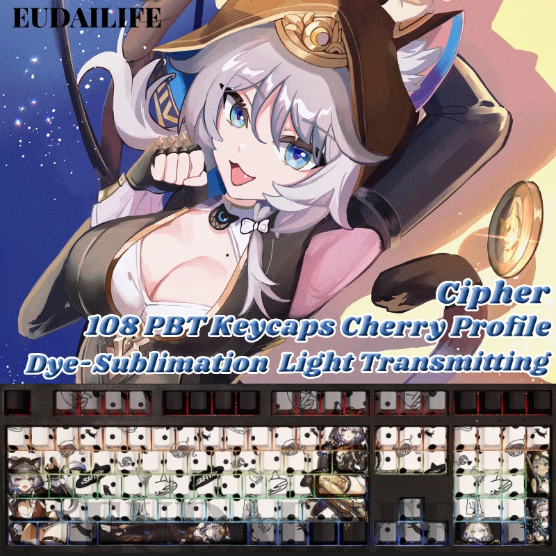 Cipher 108 Keycap Honkai Star Rail PBT DYE Sublimation Light Transmitting Cherry Cross Axis Switch for Mechanical Keyboard Gift