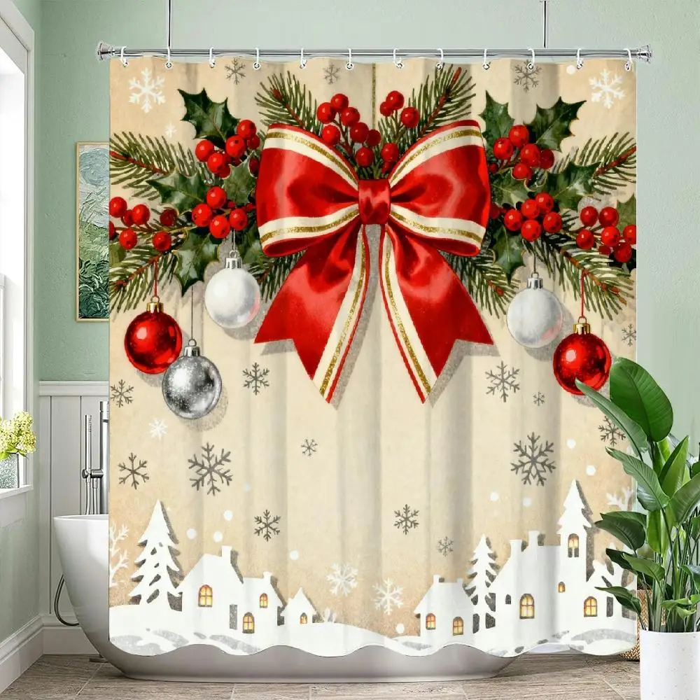 1pc Christmas Wreath Shower Curtain, Bow Ornament Holly Snowy Village Print, With 12 Hooks, Home Bathroom Decor