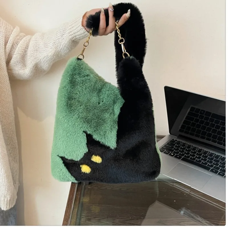 Autumn Winter Soft New Bucket Bags Cute Cartoon Color Contrast Large Capacity Female Single Shoulder Crossbody Bag Kawai Style