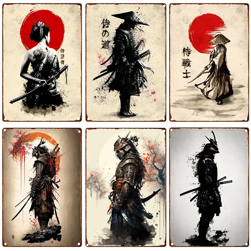 Japanese Samurai Metal Tin Sign Wall Art Character Posters and Prints Home Decorating Picture for Living Room Bedroom Aesthetic