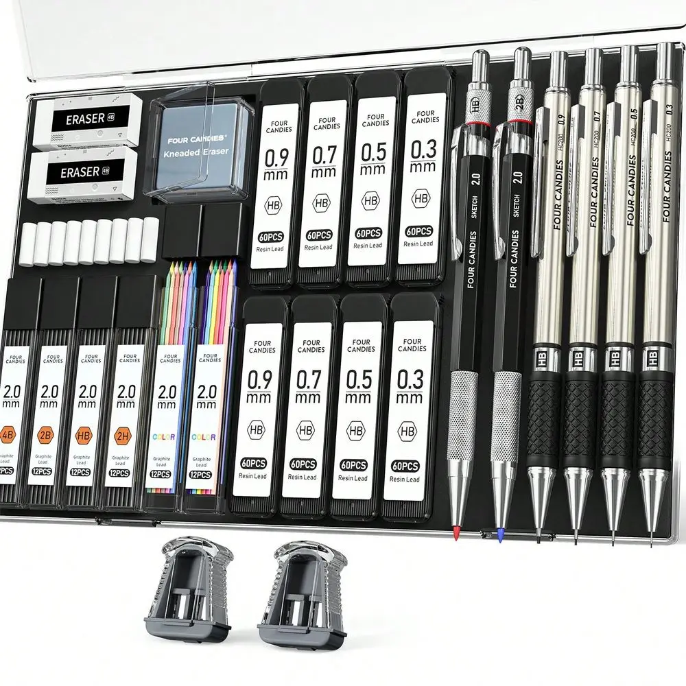 Candies - Juego de 27 Lápices Mecánicos de Arte con Estuche, 4 Lápices de Dibujo Metálicos de 0.3, 0.5, 0.7, 0.9 mm, 2 Portaminas de 2 mm, HB 2H 2