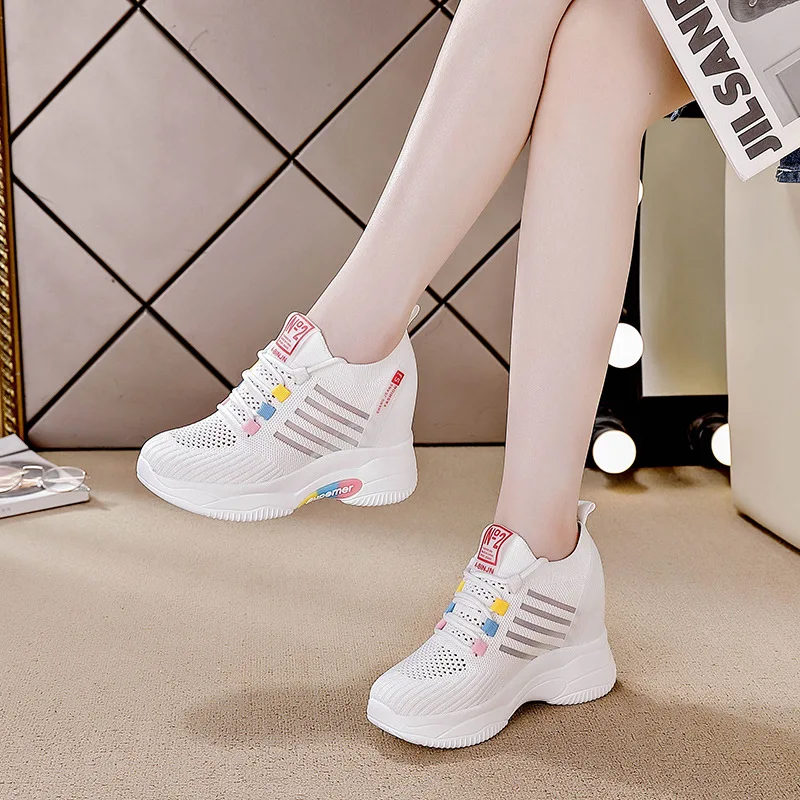 Classics 8CM Genuine Leather Sneakers Platform Shoes Wedge Hidden Heel Pumps Fashion Ventilate Sneakers Women Summer Shoes